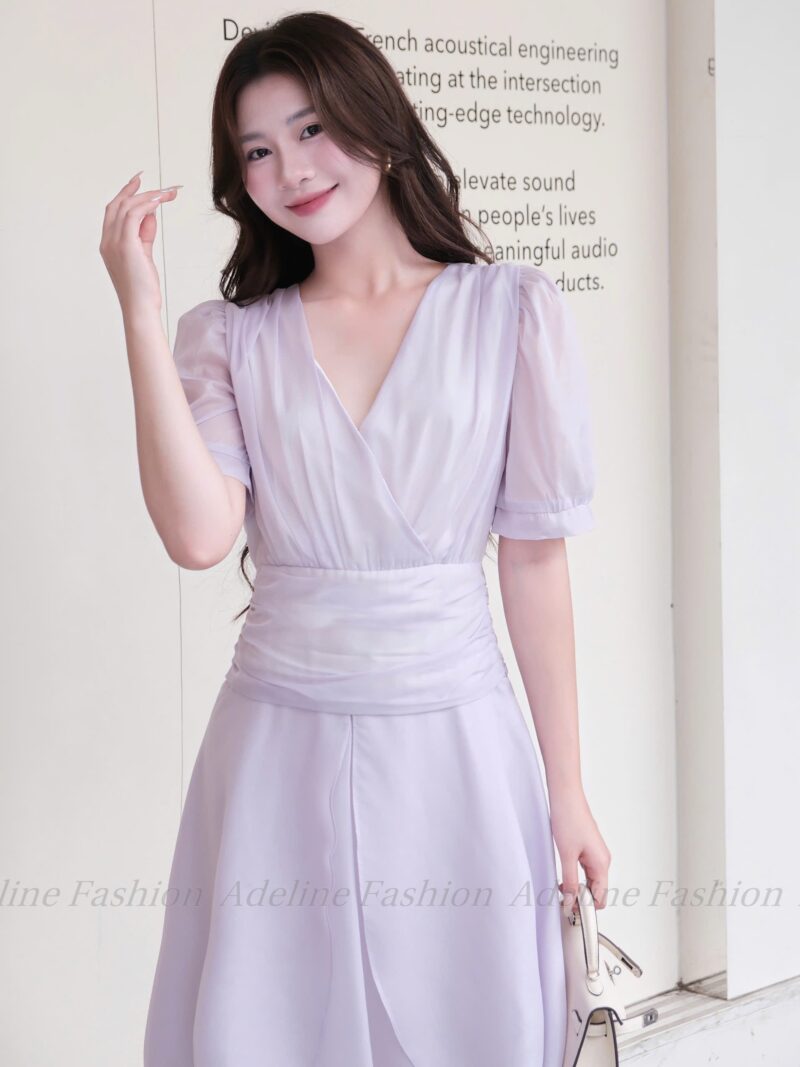 Adeline House - Đầm Tím Pastel Cổ V Dáng Xòe – Váy Thiết Kế Nữ Tính Thanh Lịch
