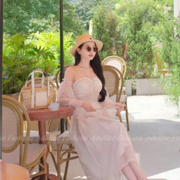 Adeline House - Đầm trễ vai nhún ngực tay dài voan hồng tím dáng xòe tiểu thư - TK 67