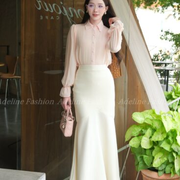 Adeline House - Set đồ công sở thanh lịch, duyên dáng: Áo sơ mi dài tay cổ điển thanh lịch mix chân váy đuôi cá dáng dài xinh xắn - TK 45+96