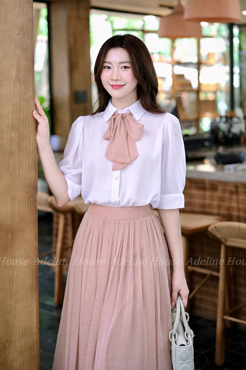 Alternative view of Adeline House - Set Tiểu Thư Áo Sơ Mi Nơ Cổ Chân Váy Midi Xếp Ly Nâu Hồng