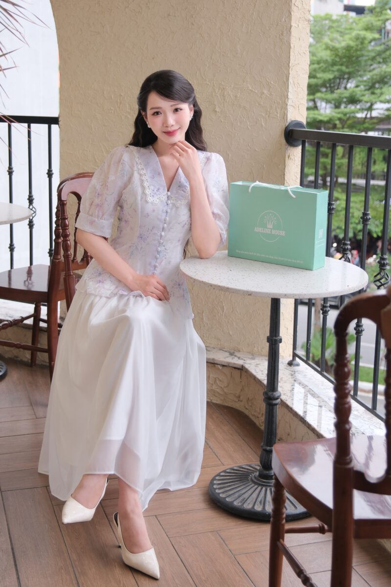 ADELINE HOUSE- Set Áo Hoa Voan Tay Ngắn + Chân Váy Maxi Dài Xòe Thanh Lịch – Bộ Váy Nữ Dịu Dàng Phong Cách Vintage Cao Cấp