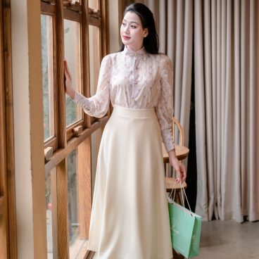 Adeline house - Set Áo Ren Nơ & Chân Váy Midi “ Adeline Soft Elegance”