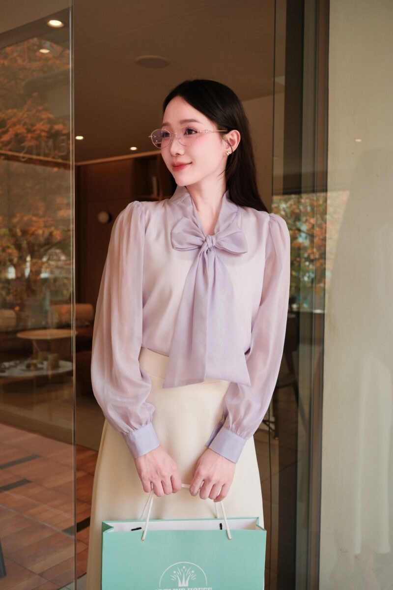 ADELINE HOUSE- Set Áo Nơ Tím & Váy Midi Kem, Set Đồ công sở