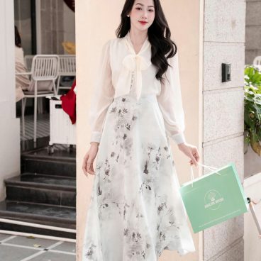 Adeline house - Set Áo Nơ & Váy Midi Họa Tiết Thủy mặc