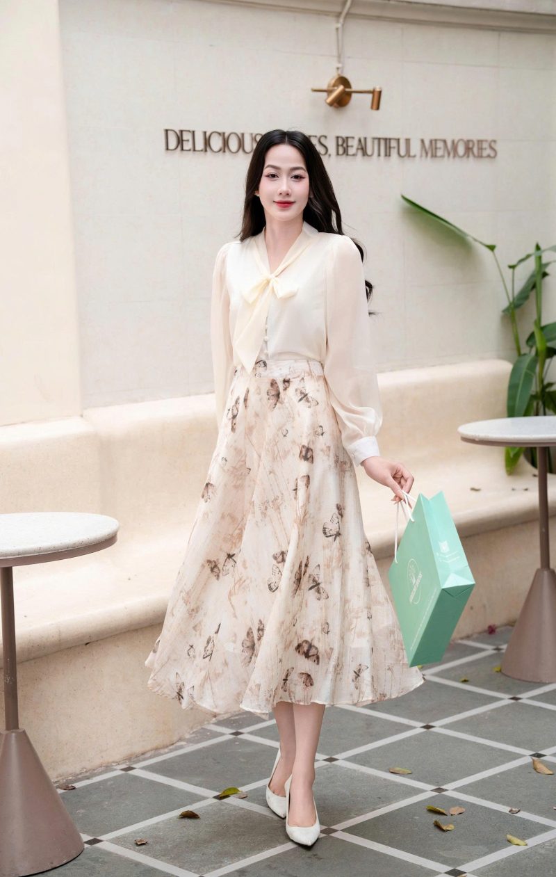 ADELINE HOUSE -Set Áo Nơ & Váy Midi Họa Tiết “Butterfly Muse”