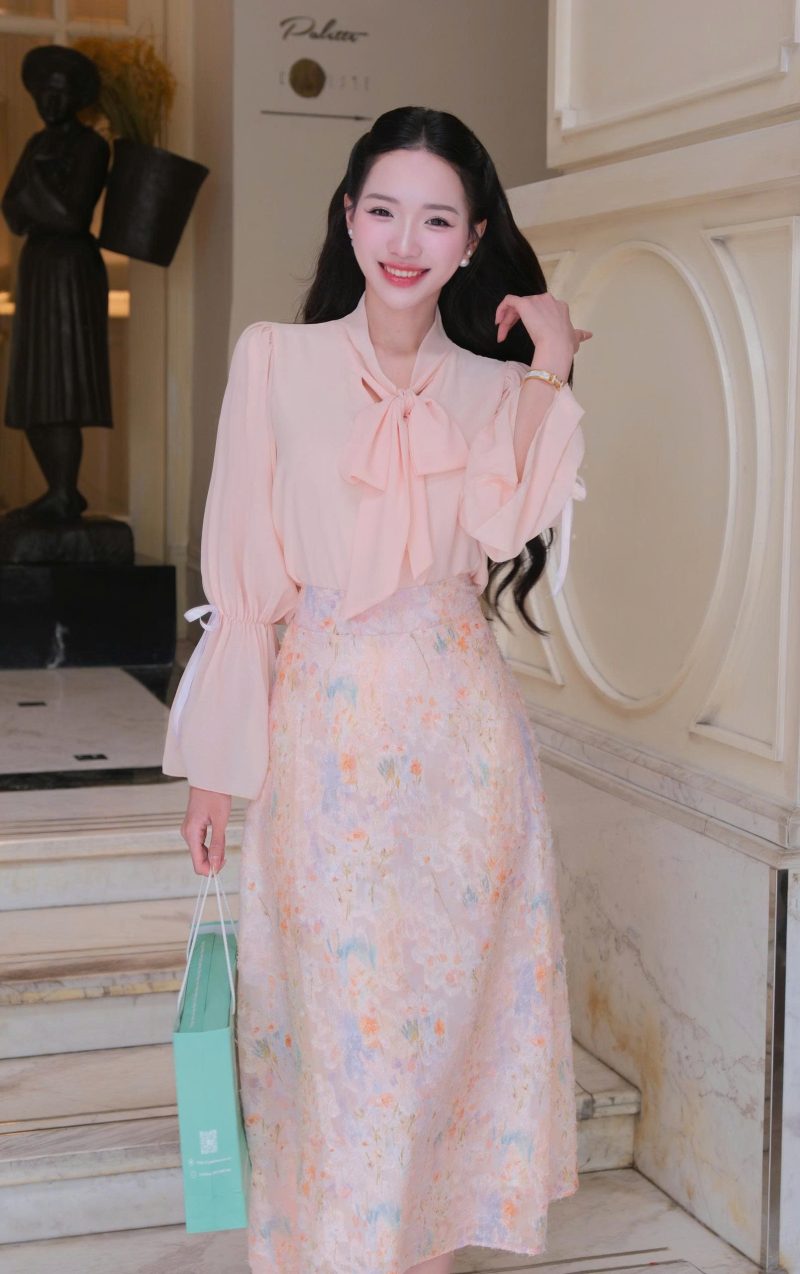 Adeline house - Set Áo Voan Nơ & Váy Midi Hoa Cao Cấp