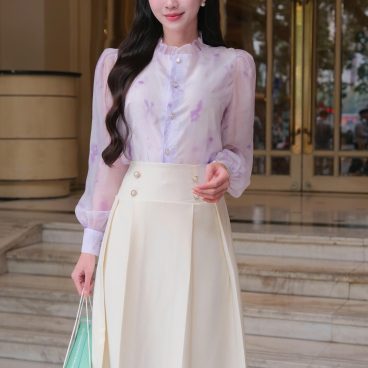 Adeline house - Chân váy MIDI dáng A xòe nhẹ đính cúc ngọc - TK165.2 Be