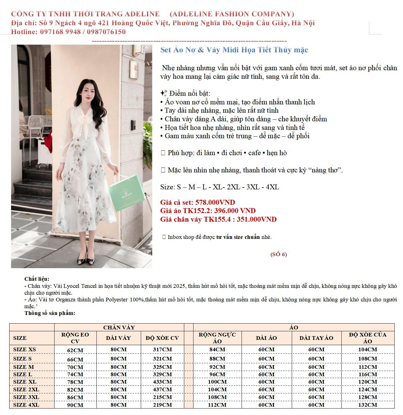 Adeline house - Set Áo Nơ & Váy Midi Họa Tiết Thủy mặc Adeline house - Set Áo Nơ & Váy Midi Họa Tiết Thủy mặc - Ảnh 9
