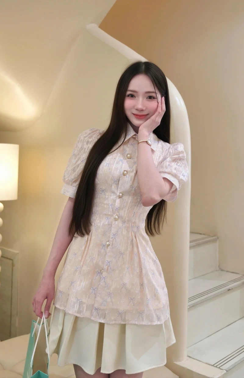 Alternative view of Adeline House - Set áo sơ mi ngắn tay+ Chân váy ngắn chiết eo cam nude thêu nơ - TK186.2