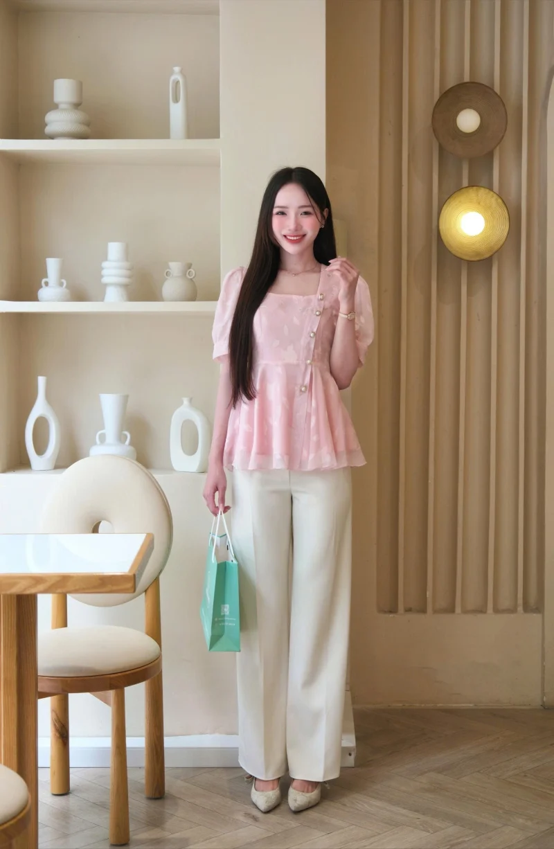 Adeline House - Set Áo cổ vuông tay bồng hồng thêu lá - TK181.2