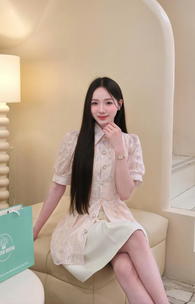 Adeline House - Set áo sơ mi ngắn tay+ Chân váy ngắn chiết eo cam nude thêu nơ - TK186.2