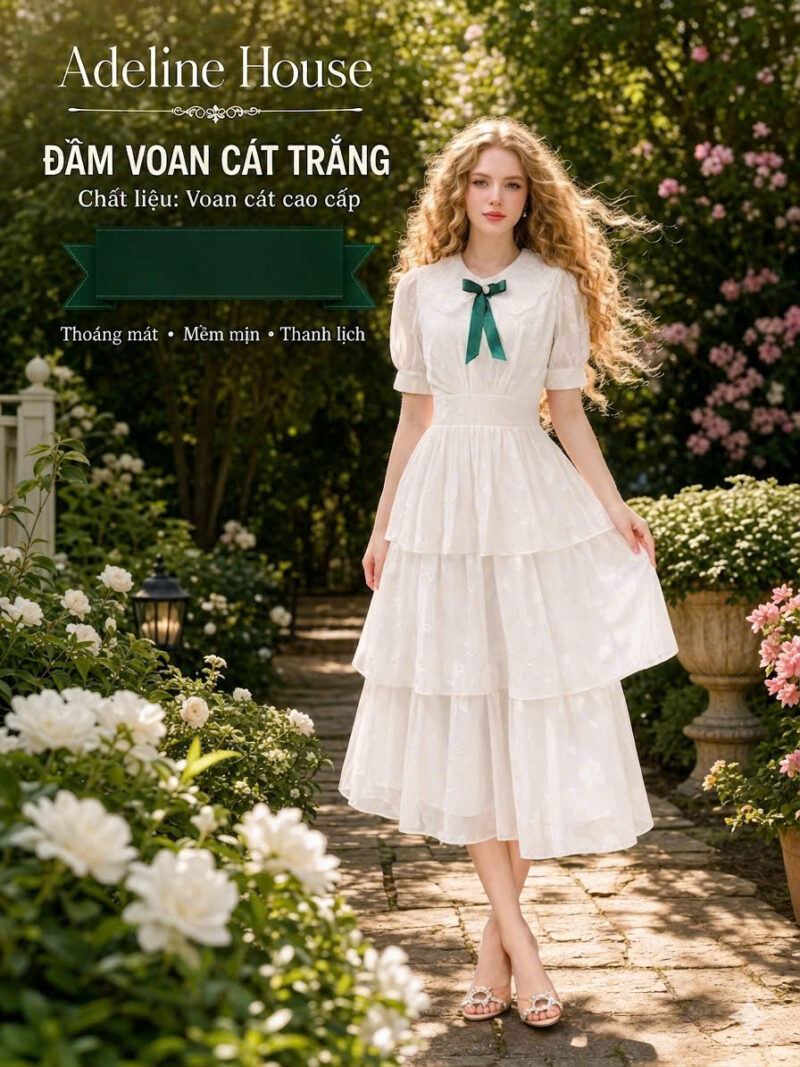 ADELINE HOUSE – Đầm Maxi Trắng Be Pastel Cổ Ren Nơ Tay Phồng Dáng Xòe Tầng Thanh Lịch-TK200.1