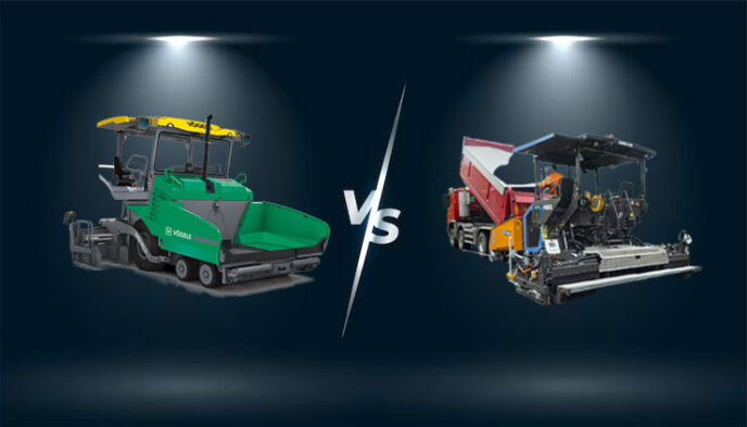 So Sánh Máy Rải Thảm AMMANN và Vögele Lựa Chọn Tối Ưu Cho Công Trình Của Bạn Hình ảnh so sánh trực quan giữa hai dòng máy rải thảm nổi bật trên thị trường hiện nay: Vögele (bên trái) và AMMANN (bên phải). Máy rải thảm Vögele mang thiết kế đặc trưng của Đức với kiểu dáng cứng cáp, bảng điều khiển tích hợp công nghệ điều hướng thông minh. Trong khi đó, máy rải thảm AMMANN bên phải nổi bật với thiết kế hiện đại, hệ thống sàn rải rộng, thân thiện với người vận hành và tích hợp công nghệ tiết kiệm nhiên liệu.