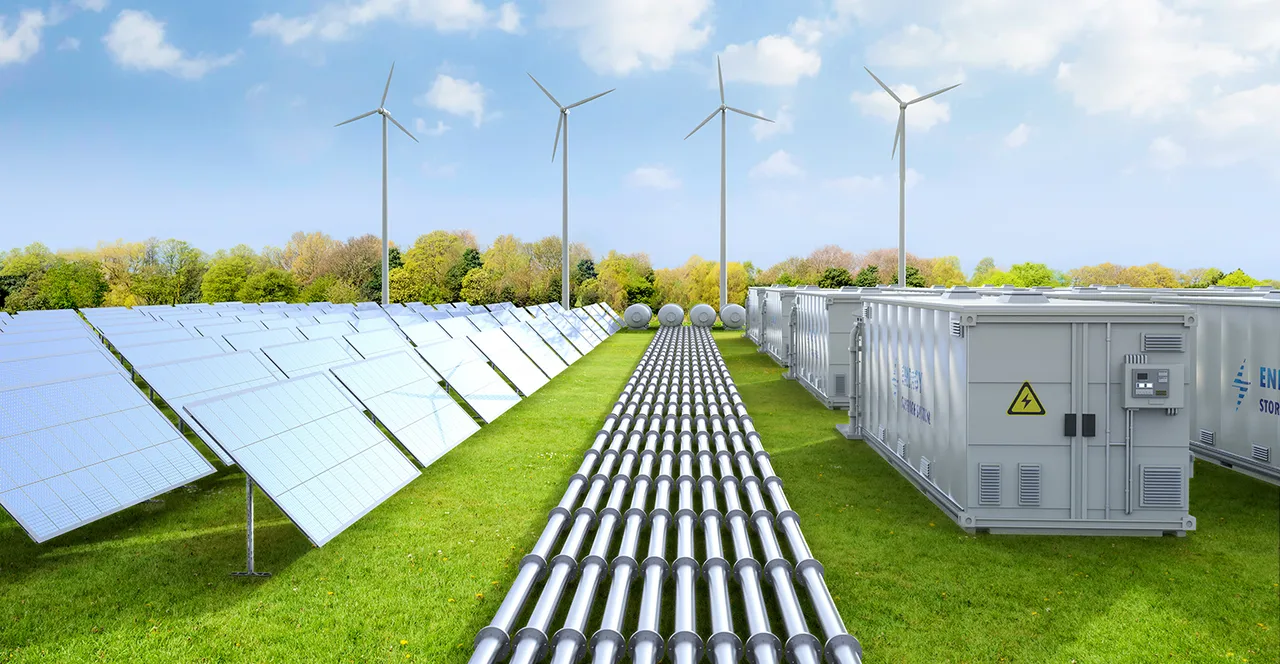Battery container units with solar and turbine farm