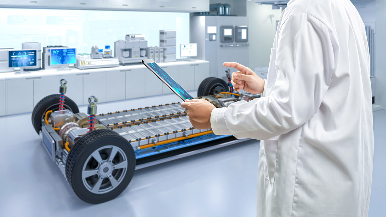 EV battery researcher at the lab