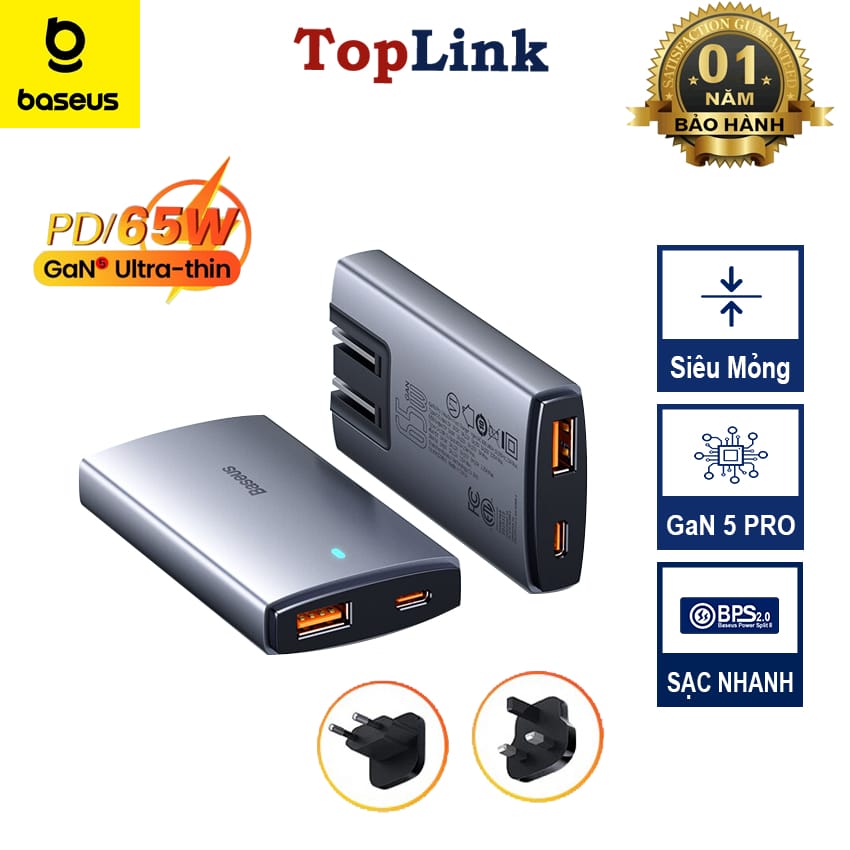 Củ Sạc Du Lịch Đa Năng BASEUS 65W Nhiều Chân Cắm GaN5 Ultra Slim