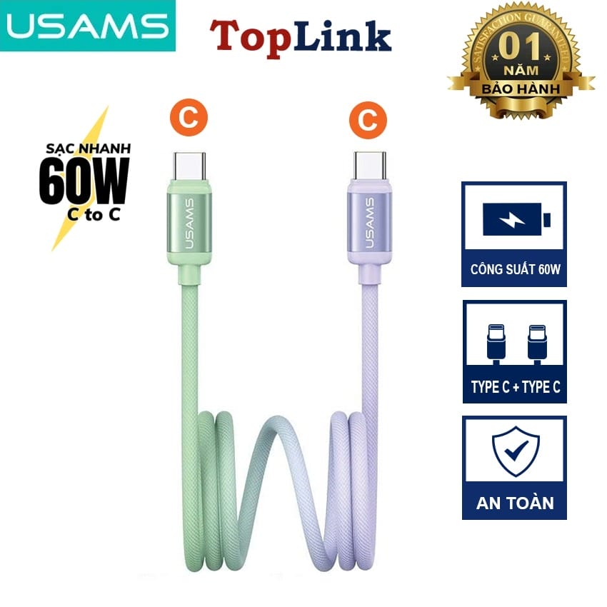 Cáp Sạc Nhanh PD 60W USAMS Cho iPhone 15 Đến iPhone 17 Series