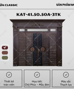 Cửa Classic KAT-41.50.50a-3TK sở hữu thiết kế tràn viền tinh tế, kết hợp họa tiết chữ "Phúc" và hoa Mẫu đơn tinh xảo