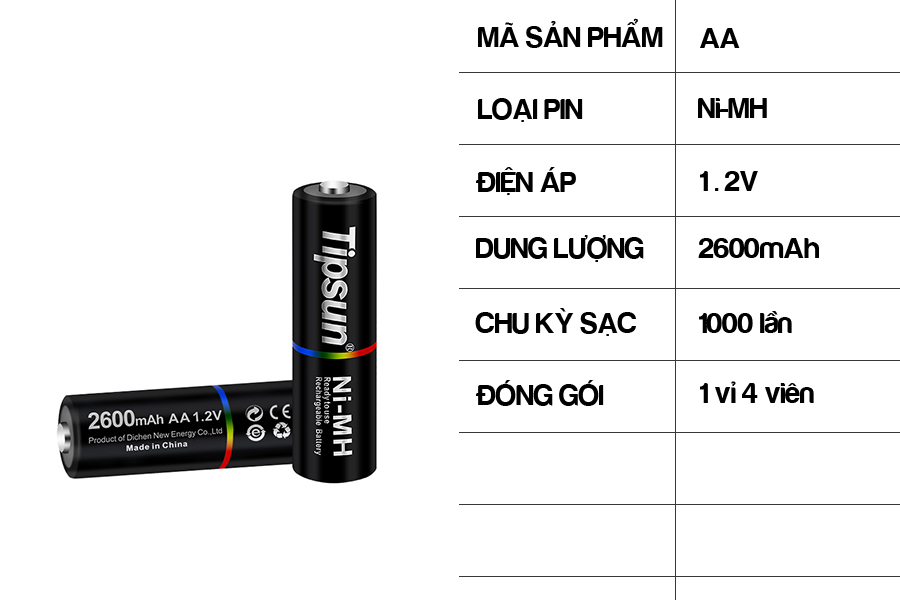 Pin sạc AA Ni-MH 1.2v 2600mAh Tipsun 12 2