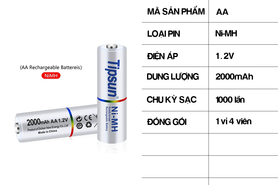 Pin sạc AA Ni-MH 1.2v 2000mAh Tipsun 12 3