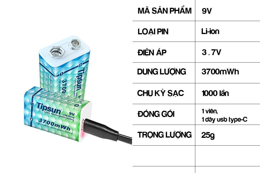 Bộ pin sạc Li-ion type-C 9v 3700mWh Tipsun 12