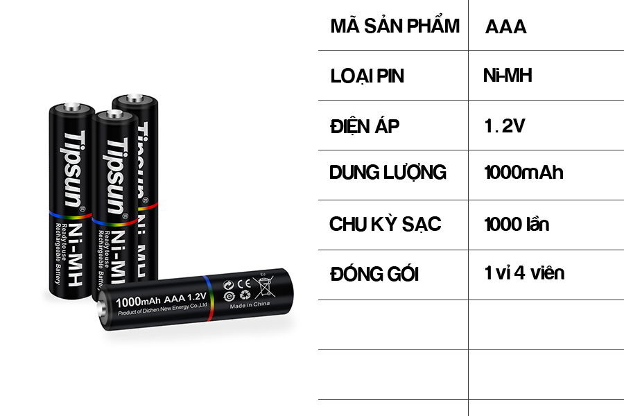 Pin sạc AAA Ni-MH 1.2v 1000mAh Tipsun 13 2
