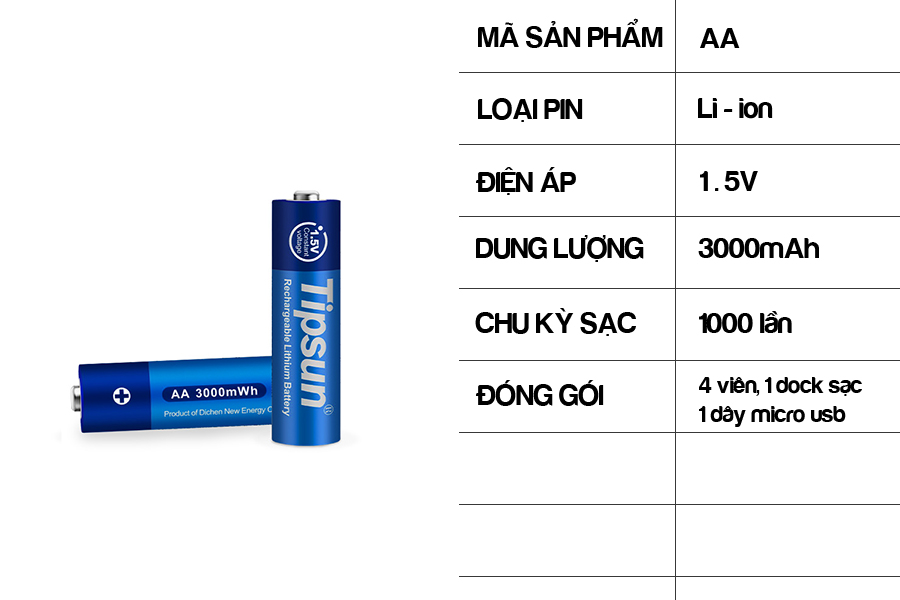 Bộ pin sạc AA Li-ion 1.5v 3000mAh Tipsun 7 a