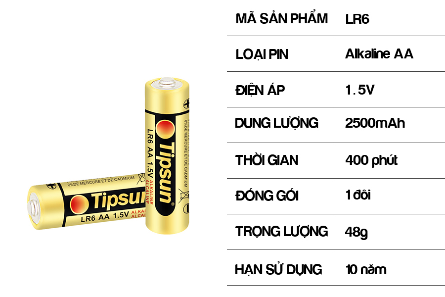 Pin AA Alkaline 1.5v chính hãng Tipsun specs alkaline 2a