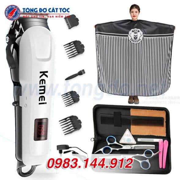 Combo Tông đơ Kemei Km-809A: Tông đơ + kéo cắt + kéo tỉa + áo choàng + lược + 2 kẹp tóc + bao da