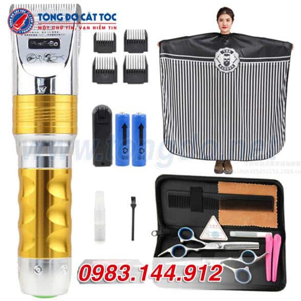 Combo Tông đơ F10: Tông đơ + 2 pin + kéo cắt + kéo tỉa + áo choàng + lược + 2 kẹp tóc + bao da
