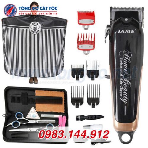 Combo Tông đơ Jame 1070: Tông đơ + kéo cắt + kéo tỉa + áo choàng + lược + 2 kẹp tóc + bao da