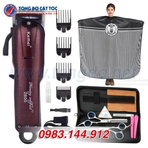 Combo Tông đơ Kemei KM-2600: Tông đơ + kéo cắt + kéo tỉa + áo choàng + lược + 2 kẹp tóc + bao da
