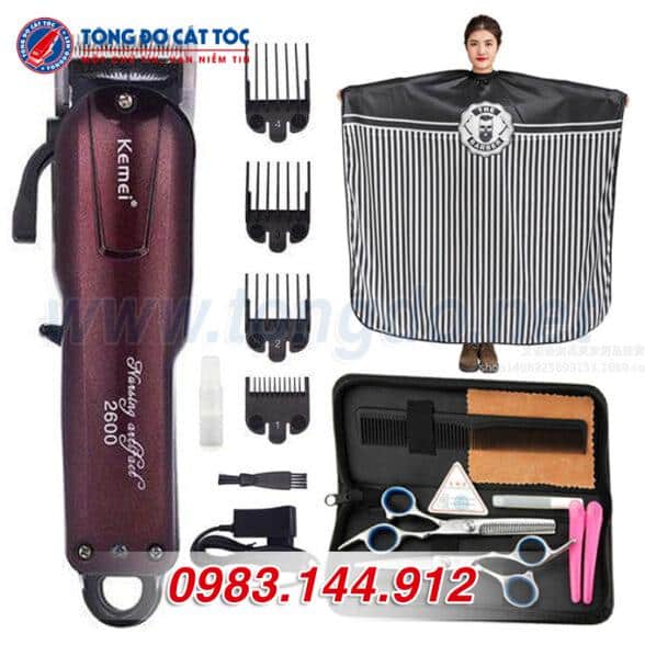 Combo Tông đơ Kemei KM-2600: Tông đơ + kéo cắt + kéo tỉa + áo choàng + lược + 2 kẹp tóc + bao da