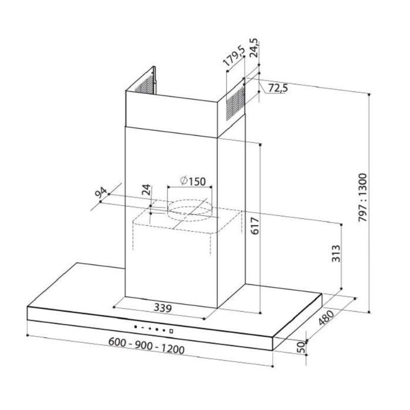 Kích thước máy hút mùi áp tường Upscale P5 WALL MOUNT Kích thước máy hút mùi áp tường Upscale P5 WALL MOUNT