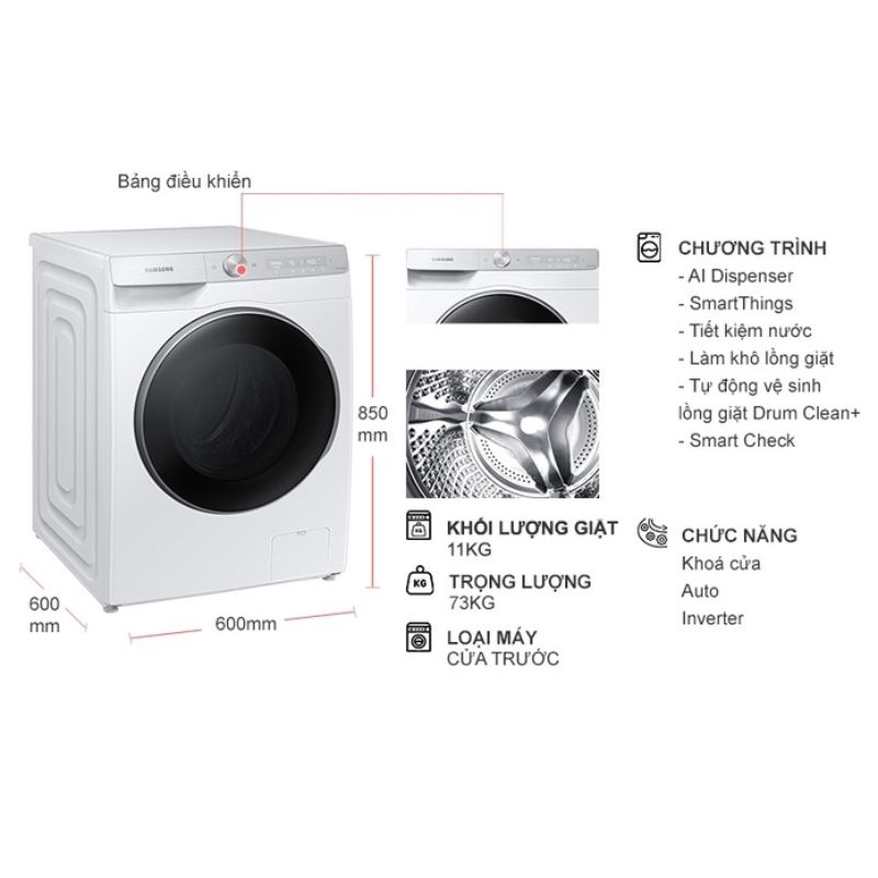 Kích thước máy Giặt Samsung Inverter 11 Kg WW11CGP44DSHSV cửa trước Kích thước máy Giặt Samsung Inverter 11 Kg WW11CGP44DSHSV cửa trước