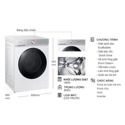Máy Giặt Samsung Inverter 14 kg WW14BB944DGHSV cửa trước 6 Kích thước máy Giặt Samsung Inverter 14 kg WW14BB944DGHSV cửa trước