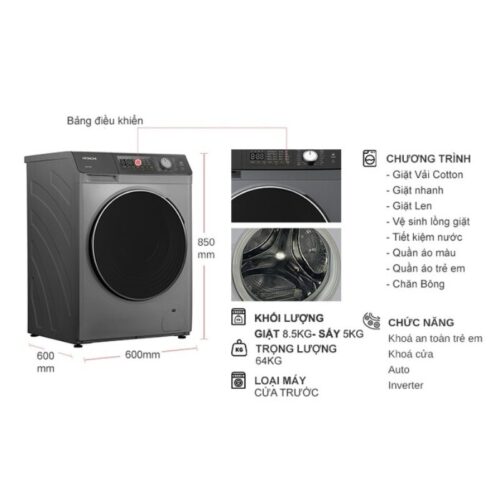Máy Giặt Sấy Hitachi Inverter Giặt 8.5 Kg - Sấy 5 Kg BD-D852HVOS cửa trước 4 Kích thước máy Giặt Sấy Hitachi Inverter Giặt 8.5 Kg - Sấy 5 Kg BD-D852HVOS cửa trước