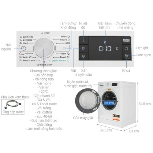 Kích thước máy Giặt Whirlpool Inverter 9 Kg FFB9458WVEE cửa trước