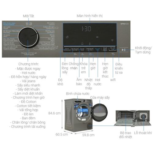 Máy Sấy Bơm Nhiệt Beko Inverter 10 Kg B5T4429WM 4 Kích thước máy Sấy Bơm Nhiệt Beko Inverter 10 Kg B5T4429WM