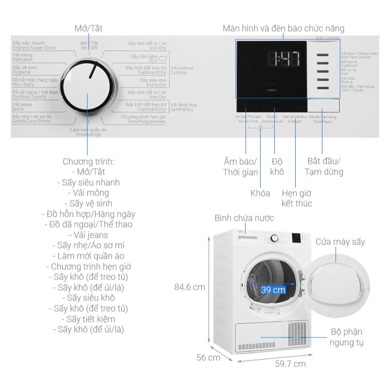 Kích thước máy Sấy Ngưng Tụ Beko 8 Kg DU8133GA0W Kích thước máy Sấy Ngưng Tụ Beko 8 Kg DU8133GA0W