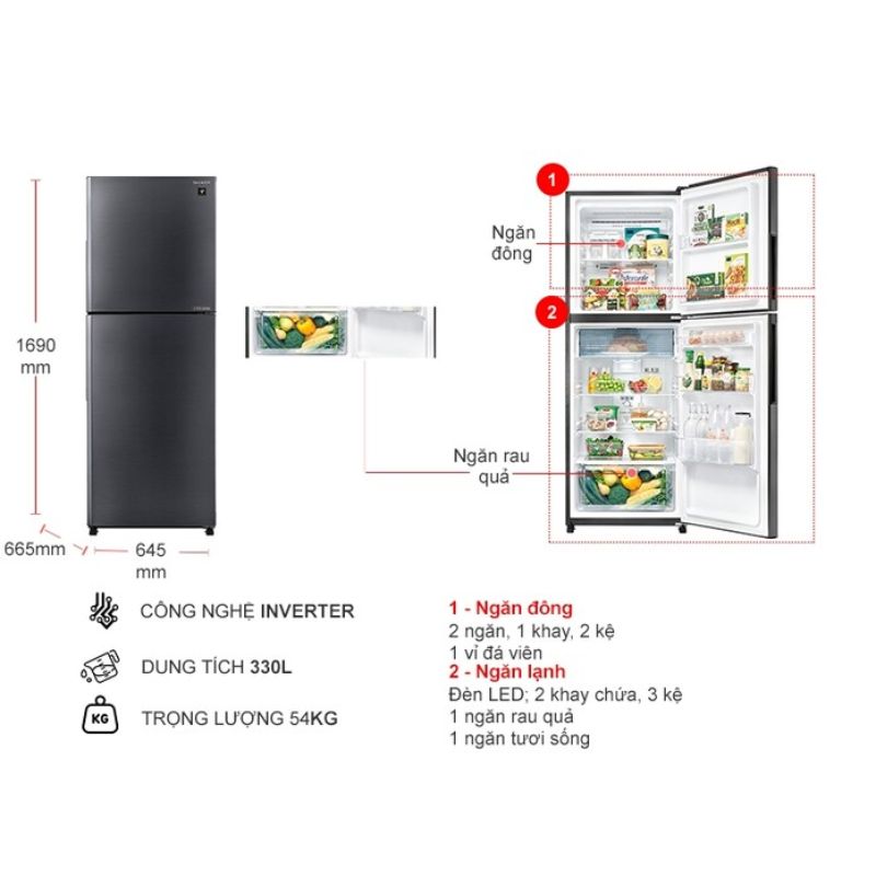Kích thước tủ Lạnh 2 cánh Inverter 330 Lít Sharp SJ-XP352AE-DS Kích thước tủ Lạnh 2 cánh Inverter 330 Lít Sharp SJ-XP352AE-DS