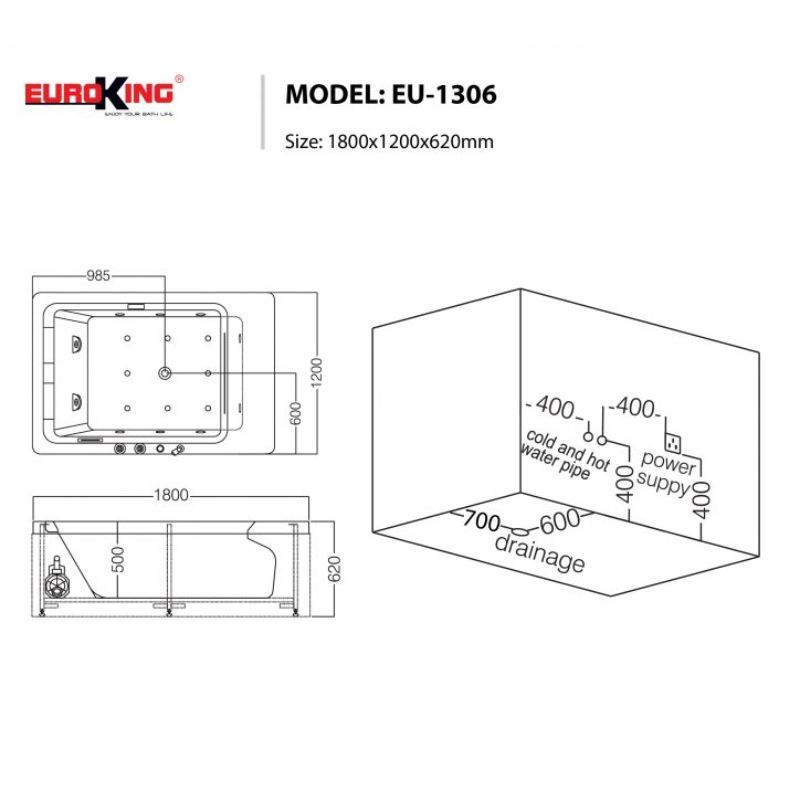 Kích thước bồn tắm Euroking EU-1306 without skirt Kích thước bồn tắm Euroking EU-1306 without skirt