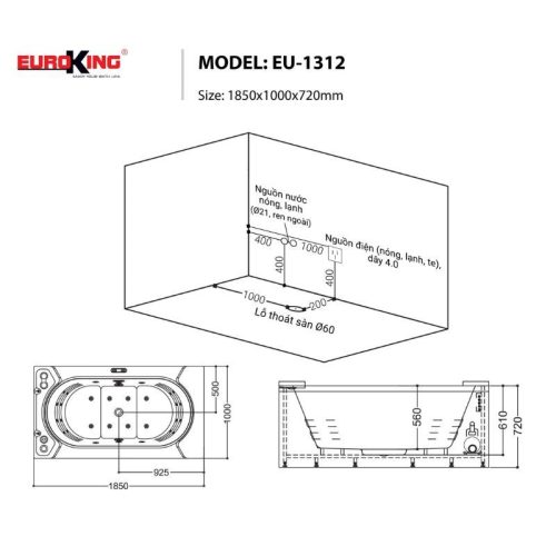 Kích thước bồn tắm Euroking EU-1312 2 skirts