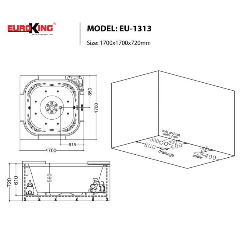 Kích thước bồn tắm Euroking EU-1313 2 skirts Kích thước bồn tắm Euroking EU-1313 2 skirts