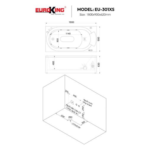 Bồn tắm massage Euroking EU-301XS 4 Kích thước bồn tắm massage Euroking EU-301XS