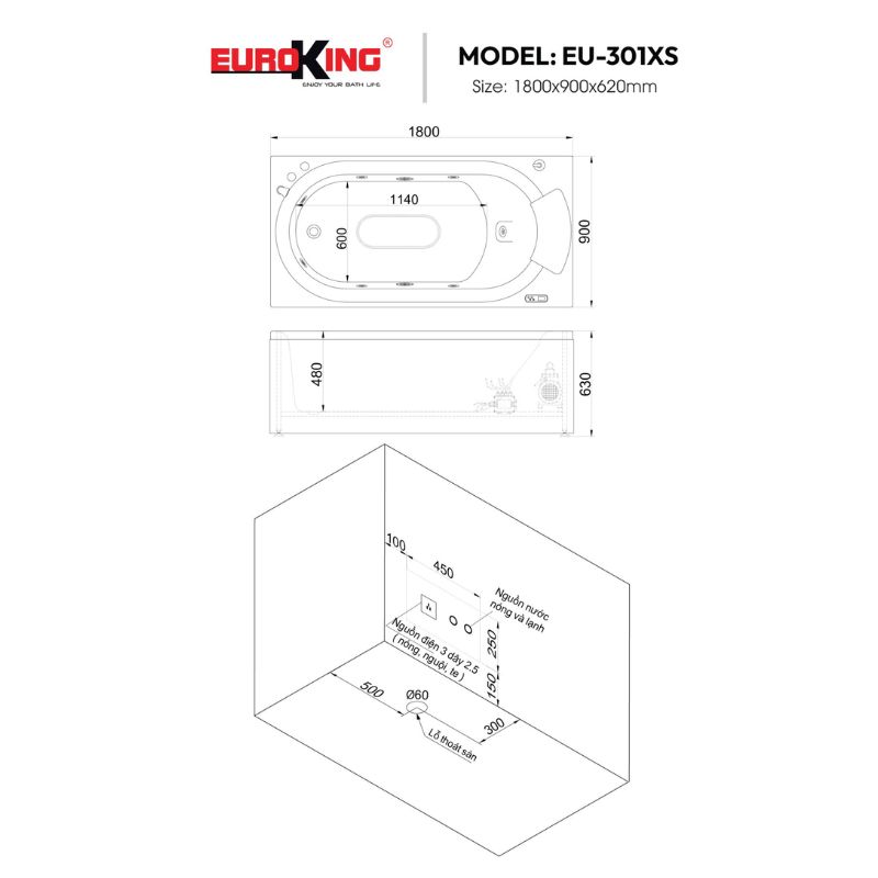 Kích thước bồn tắm massage Euroking EU-301XS Kích thước bồn tắm massage Euroking EU-301XS