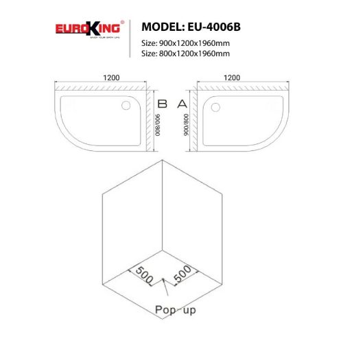 Kích thước phòng tắm vách kính EuroKing EU-4006B 900mm