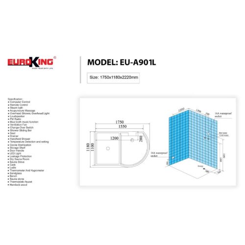 Kích thước phòng xông hơi Euroking EU-A901L White