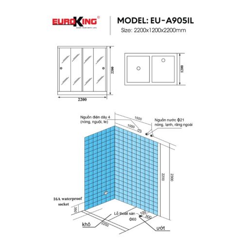 Phòng xông hơi Euroking EU-A905IL 3 Kích thước phòng xông hơi Euroking EU-A905IL