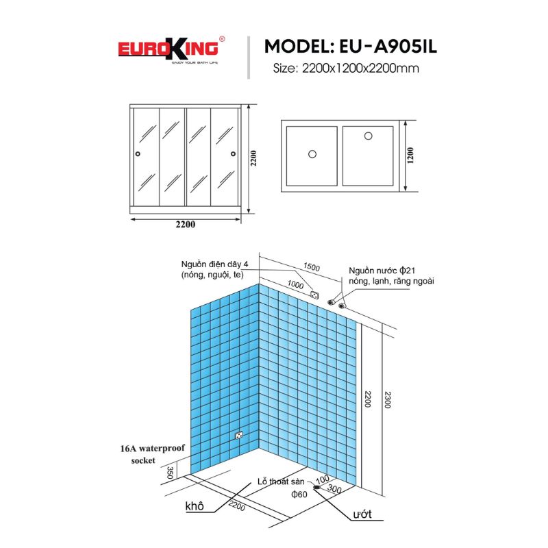 Kích thước phòng xông hơi Euroking EU-A905IL Kích thước phòng xông hơi Euroking EU-A905IL